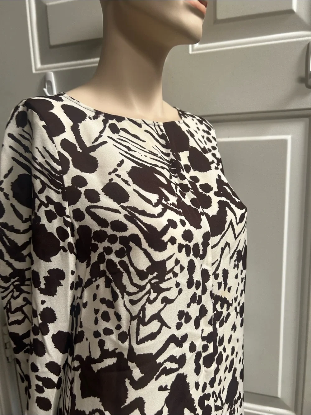 Tory Burch Silk Cream and Dark Brown Abstract Long-Sleeve Tunic Blouse Sz M